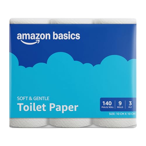 Amazon brand- Amazon Basics 3 ply Toilet tissue Paper Roll 1260 pulls | 140 pulls x 9 Rolls| Soft & Gentle| Chemical-Free