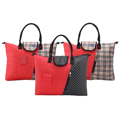 Urbane Home Pack of 3 Foldable Shopping Bags For Women with 3 Small Pockets | Grocery/Vegetable Bags For Market | Black-Red, Blue-Maroon & Maroon
