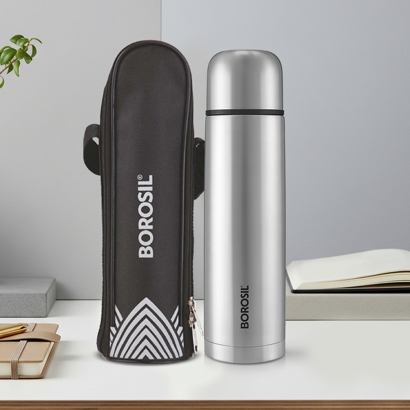 Borosil Hydra Thermo 1000 Ml Steel Flask(Pack Of 1, Steel/Chrome)
