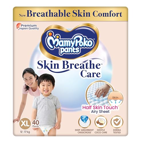MamyPoko Pants Skin Breathe Care | Baby Diapers Extra Large Size (XL) | 40 Count | 12-17Kgs | Half Skin Touch Airy Sheet | 3X Breathable | Derma Tested