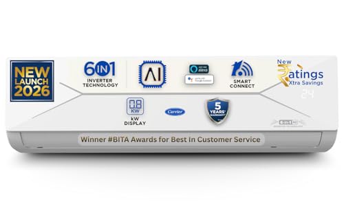 Carrier 1 Ton 3 Star, New Star rated, Wi-Fi Smart Flexicool Inverter Split AC (Copper, Convertible 6-in-1 with Wi-Fi with Geo-Fencing, Smart Energy Display, ESTER EDGE Gxi WiFi-CAI12EE3R36W0, White)