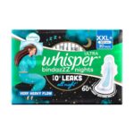 Whisper Bindazzz Nights 30 XXL+ Sanitary Pads, Upto 0% Leaks All Night Long, For Very Heavy Flow, Nearly 60% Longer with Wider Back, Active odor lock so you feel fresh, Disposable Wrapper