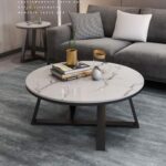 Furniture Café Modern Round Coffee Table with White Marble Finish Top and Black Metal Base – Living Room Center Table