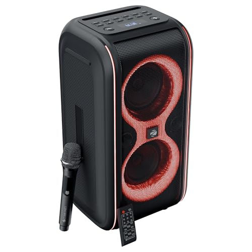 Zebronics Portable Bluetooth Speaker, Upto 5 Hours Playback, Dual 16.51cm Drivers, Karaoke, TWS, BT v5.4, USB, mSD, AUX, RGB, Wireless Mic with Display, Mobile Holder (Party Fyre 90)