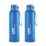 CELLO Puro Steel-X Benz 900 Insulated Water Bottle Set of 2 Pcs, 900 ml Blue | Carrying with Loop, Wide Mouth Leak Proof & Rust Resistant Inner Steel Insulated Water Bottles for School Kids & Travel