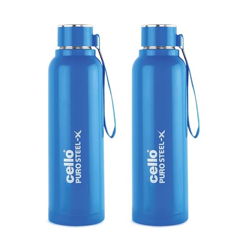 CELLO Puro Steel-X Benz 900 Insulated Water Bottle Set of 2 Pcs, 900 ml Blue | Carrying with Loop, Wide Mouth Leak Proof & Rust Resistant Inner Steel Insulated Water Bottles for School Kids & Travel