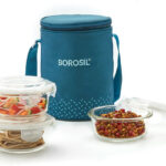 BOROSIL Teal Lunch Box with Bag, 3 Pc (400 ml x 3 Round), Glass Office Tiifin 3 Containers Glass Office Lunch Box(1200 ml, Microwave Safe)