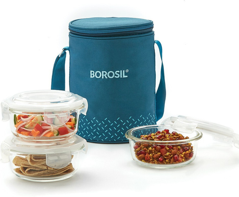 BOROSIL Teal Lunch Box with Bag, 3 Pc (400 ml x 3 Round), Glass Office Tiifin 3 Containers Glass Office Lunch Box(1200 ml, Microwave Safe)