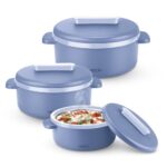 MILTON Micronova Jr. Gift Set Inner Stainless Steel Casserole, Set of 3 (380 ml, 775 ml, 1345 ml), Light Blue, BPA Free, Food Grade, Hot and Cold, Microwaverable Steel, Dishwasher Safe, Chapati, Roti
