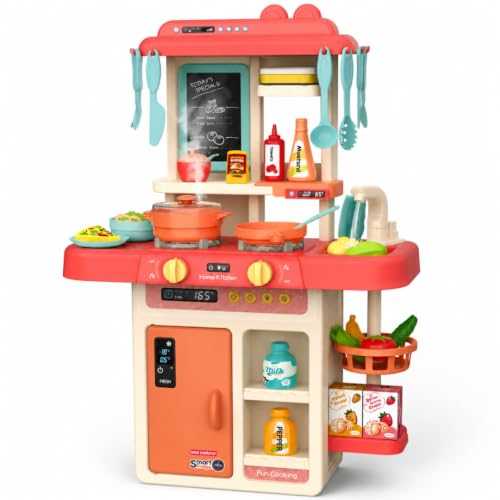 MiniExplorer Kitchen Set for Kids, Big Kitchen Playset with Sound & Light and Cooking Stove,44 Pcs Toy Kitchen Accessories with Running Water, Pretend Play Cooking Set for Girls Boys Ages 3+
