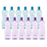 MILTON Pacific 1000 Water Bottle 1 Litre each, set of 12, Purple and Sky Blue I PET Food Grade I BPA Free, Leak Proof I Wide Mouth, Easy To Clean I Fridge Bottles for Home, Office, Gym