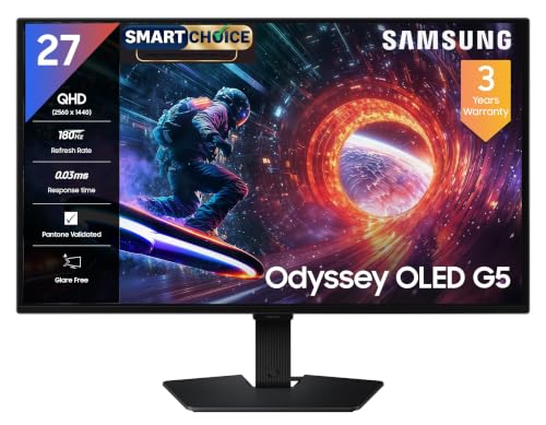 Samsung 27″ Odyssey QD-OLED G5 Gaming Monitor (Smartchoice) |QHD 2560 x 1440|180 Hz|0.03ms|Pantone-Validated|G-Sync|Free Sync|Glarefree|Ports-DP,HDMI,Headphone|1 Billion Color| LS27FG502SWXXL|Black