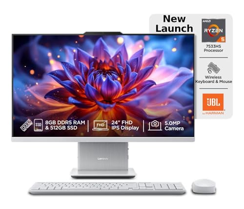 Lenovo IdeaCentre AIO Ryzen 5 7533HS 23.8″ FHD IPS All-in-One Desktop (8GB RAM/512GB SSD/Win11/Microsoft 365 Basic + Office 2024/3Wx2 Speakers/5MP+IR Camera/Wireless Keyboard & Mouse), F0HR00CFIN