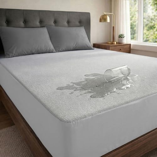 MollisHomes Waterproof Mattress Protector Double Bed – King (78″ X 72″|Dustproof, Soft Terry Cotton, Hypoallergenic & Breathable Fitted Elastic Mattress Cover (Grey, King (78″ X 72″))