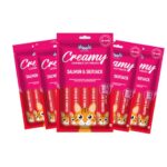 Drools Creamy Lickable Cat Treats (75g x 5 Pouches) Total 375g | Salmon & Skipjack | Easy to Hand Feed | Enriched with Vitamins