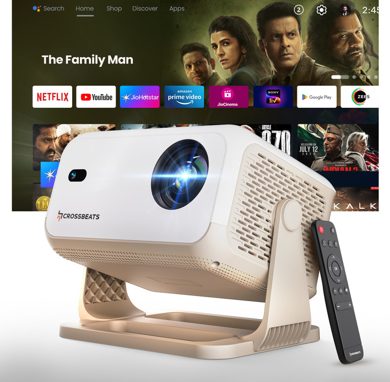 CrossBeats Lumex Cine Smart Home 4k Ultra HD, Native 1080p, (16000 lm / 1 Speaker / Wireless / Remote Controller) Portable with Android OS, Built-in – Netflix, Prime, YouTube, 300″ Display Cinema Projector(White)