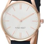 Nine West Women’s Analog Strap Watch, Navy Blue/Rose Gold, Vegan Leather Strap, Manufacturer Movement, Scratch-Resistant, Domed Mineral Crystal