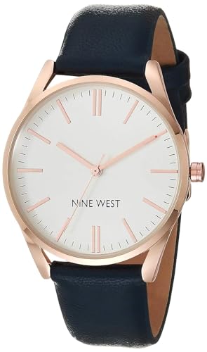 Nine West Women’s Analog Strap Watch, Navy Blue/Rose Gold, Vegan Leather Strap, Manufacturer Movement, Scratch-Resistant, Domed Mineral Crystal