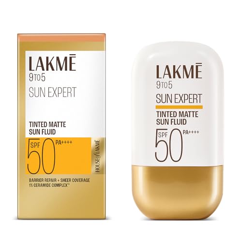 Lakme Sun Expert Tinted Dry Matte Sunscreen Fluid SPF 50+ PA++++ | 1% Ceramide Complex for Skin Barrier Repair | Sheer Coverage Foundation Like Finish – Bronze (50ml)