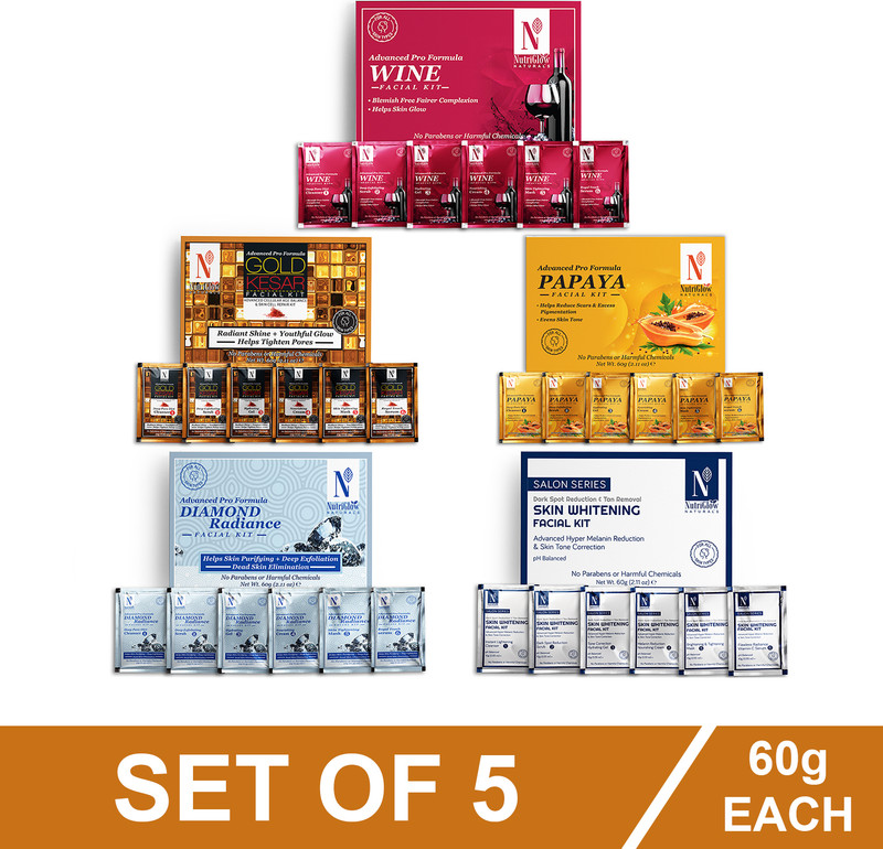 NutriGlow NATURAL’S Facial Kit Pack-5|Wine|Papaya|Gold Kesar|Skin Whitening & Diamond|(5 x 60 g)