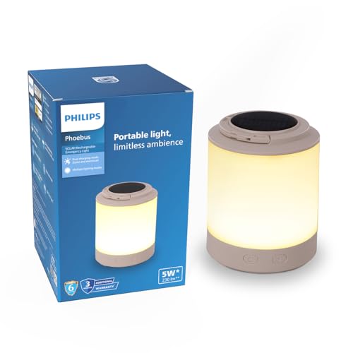 Philips Phoebus 5W Solar Emergency Light | 230 Lumens | 2400mAh Battery | Dual Charging Solar & Type-C | Multi-Color RGB Modes | One-Step Dimming | 5.5H Backup | Portable & Hangable Design | Pack of 1