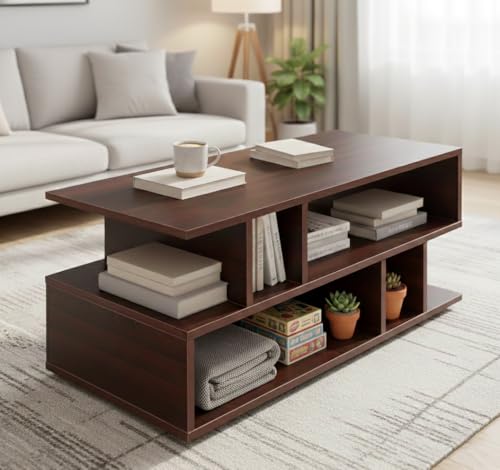 Green Soul Carya Engineered Wood Coffee Table (Walnut) | Living Room Center Table | 1 Surface Top and 2 Shelves | 90 x 40 x 38.8cm | Warranty Protected