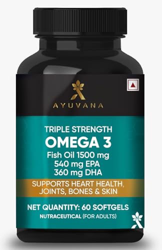 Ayuvana Triple Strength Omega 3 Fish Oil 1500 mg with 540 mg EPA & 360 mg DHA | Supports Heart, Joint, Bone & Skin Health | For Men and Women | 60 Softgels