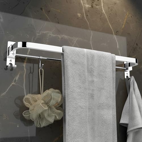 Plantex Stainless Steel Folding 24 Inch Single Towel Rod/Towel Holder for Bathroom with Hooks/Towel Hanger/Towel Stand/Bathroom Accessories โ (24 Inch-Chrome)