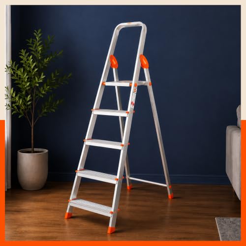 Bathla Advance 5-Step Aluminium Ladder | 150 Kg Load Capacity | Anti-Slip Steps | Sure-Hinge Technology | Home Use Step Ladder | 5 Year Warranty