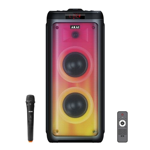 AKAI PM-100P Bluetooth Power Party Speaker Portable 100W RMS | Home Theater Sound System | Wireless Mic with Recording | Karaoke, TWS, BT, AUX, USB, TF Card, Guitar Input | 5 Hours Playtime Deep Bass