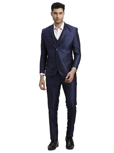 Turtle Men Poly-Viscose Dobby Print Slim Fit 3 Piece Suit Blue