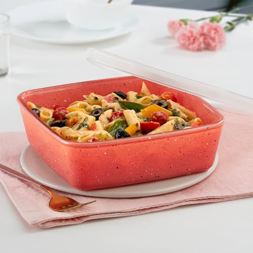 Borosil 800 ml Kube Pink Baking & Serving Dish with Lid | Borosilicate Glass Round Shape Bakeware and Serveware Casserole Dish Tray | Microwave, Oven & Dishwasher Safe Bowl