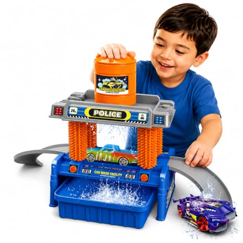 FUNBIZZ Color Changing Car Wash Playset with Water Tank, Automatic Car Wash Station, Track Toy with 1 Color Change Die-Cast Car, DIY Parking Garage Playset for Kids Age 3+