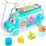 FUNBIZZ Musical Activity Bus Toy for Toddlers 1-3 Years Shape Sorter, Pull Along Toy, Xylophone, Bead Maze, Learning Bus with 7 Shape Blocks | Montessori Educational Toy for Boys & Girls