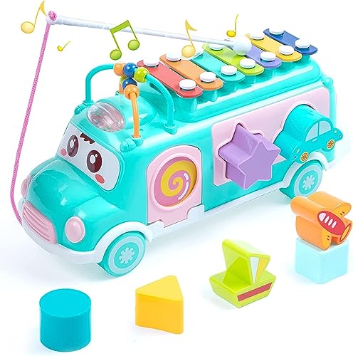 FUNBIZZ Musical Activity Bus Toy for Toddlers 1-3 Years Shape Sorter, Pull Along Toy, Xylophone, Bead Maze, Learning Bus with 7 Shape Blocks | Montessori Educational Toy for Boys & Girls