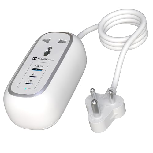 Portronics 67W Volt 65 Pro High Speed Smart Desktop Charger, 1M Copper Cable, 2 x Type C PD Port, 1 x USB Mach Port,2 x AC Power Socket, Compatible with Laptop,Smartphones,iPhones,Tablet(White)