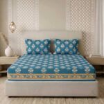 BSB HOME 240 TC Cotton Fitted Double Bedsheet with 2 Pillow Covers, Soft Breathable & Skin Friendly, Jaipuri Printed, Elastic Fitted Bedsheet (72 x 78 + 8 Inches) (Mughal Buti Print – Peacock Blue)