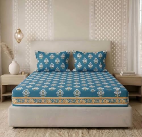BSB HOME 240 TC Cotton Fitted Double Bedsheet with 2 Pillow Covers, Soft Breathable & Skin Friendly, Jaipuri Printed, Elastic Fitted Bedsheet (72 x 78 + 8 Inches) (Mughal Buti Print – Peacock Blue)