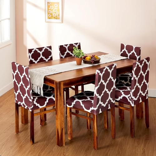 Amazon Brand – Solimo Polyester Spandex Geometrical Dining Chair Cover, Stretchable & Washable Slipcover, Brown (Set of 6)