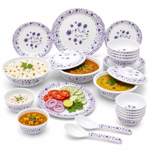 32 Pcs Premium Melamine Dinner Set with Purple Floral Print | Lightweight & Durable Dinnerware Set for Family Dining (Floral Bloom)
