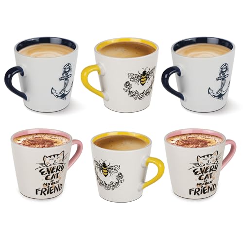 Treo by Milton Fido Coffee Mugs, 6 Pieces, 200 ml Each, Ceramic Mugs, Microwave and Dishwasher Safe, Crockery Cup, Ideal for Daily Use & Gifting (Print and Colors May Vary)