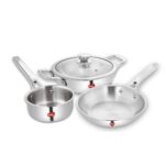 Pigeon Elite Stainless Steel Triply 4 Pcs Gift Set – 22cm (2L) Kadai, 22cm (1L) Frypan and 14cm (1.1L) Saucepan, Less Oil Use, Easy to Clean – Induction and Gas Stove Compatible – Silver