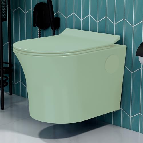 Plantex Platinum Ceramic Rimless Wall Hung Western Toilet/Commode for Toilet/Rimless Washdown Commode With Soft Close Toilet Seat – P Trap Outlet(Olive)
