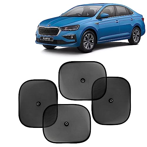 KINGSWAY Car Window Curtain Sticky Sun Shades Compatible with Skoda Slavia, (Year 2022 Onwards), Universal Fit Sunshades for Side Window, Rear Window, Black Color, 4 Pieces