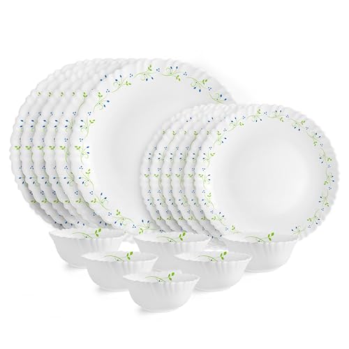 CELLO Tropical Lagoon Dazzle Series Opalware Dinner Set of 18 Pieces For Family of 6 | Bone-Ash Free & Leadfree Opal Glass, Microwave & Dishwasher Safe Plates & Bowls Crockery Set For Dining & Gifting
