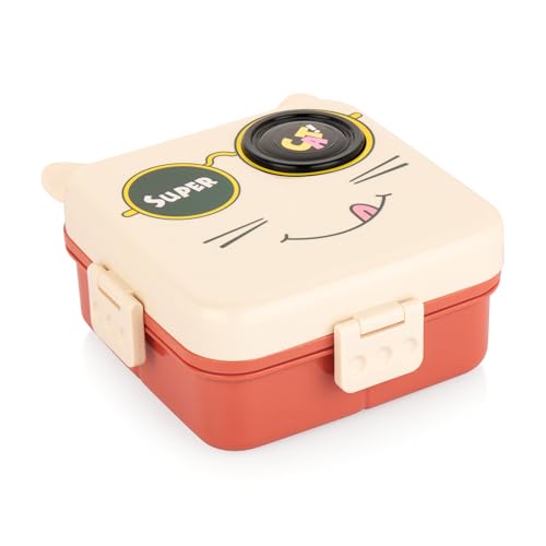 ATTRO Festive Super Cat Lunch Box 2 Layer Plastic Lunch Box Comes with 1 Detachable Tray, 1 Small Container & 1 Spoon Ideal for Kids BPA Free 1590ml+70ml- Cream Red