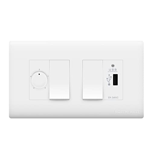 Wipro Northwest (Nowa) Switch Combo of 4M Plate + 1M 6A Switch x2 + USB Charger + 4 Step Fan Regulator, White (Kit 10)