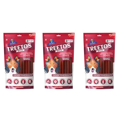 Dr. Pets Pack of 3 (85g Each) Treetos Chicken Stix Dog Treats | Chicken Pomegranate Flavour | Soft Chew Sticks for Puppies & Adult Dogs | Training Reward Snacks | Easy to Chew | Pouch Pack