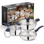 Bergner Essential Plus Stainless Steel 5 Pcs Cookware Set – 22cm/2.5L Kadai with Lid, 22cm Frypan, 16cm/1.5L Saucepan with Lid, Sturdy Bakelite Handles, Even Heating, Thick Triply Bottom