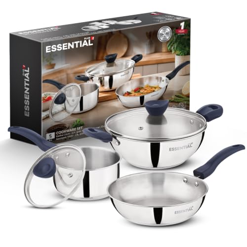 Bergner Essential Plus Stainless Steel 5 Pcs Cookware Set – 22cm/2.5L Kadai with Lid, 22cm Frypan, 16cm/1.5L Saucepan with Lid, Sturdy Bakelite Handles, Even Heating, Thick Triply Bottom